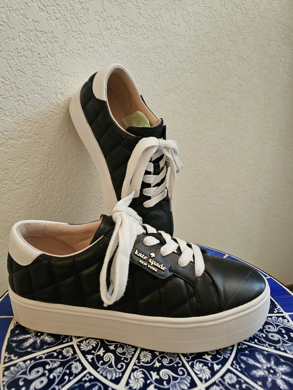 Kate Spade Black Quilted Sneakers with White Trim Size 7 EUC